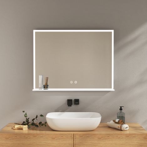 EMKE Miroir lumineux de salle de bain avec verre Étagère, Interrupteur Tactile Anti-buée, Lumière Blanche Froide 80x60cm (1/5)
