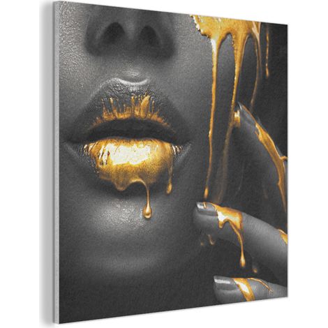 CUADRO ACÚSTICO Mujer - Negro - Oro - Cara - Labios Cuadros Decoracion Salon Modernos 90x90 (1/5)