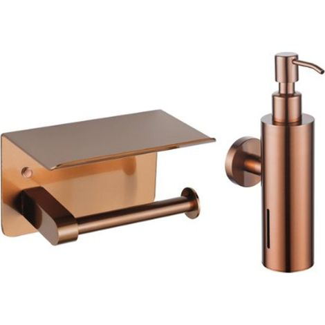 FugaFlow Eccelente Ensemble d'accessoires pour toilettes - distributeur de savon - porte-rouleau de papier toilette - avec plateau - cuivre brossé