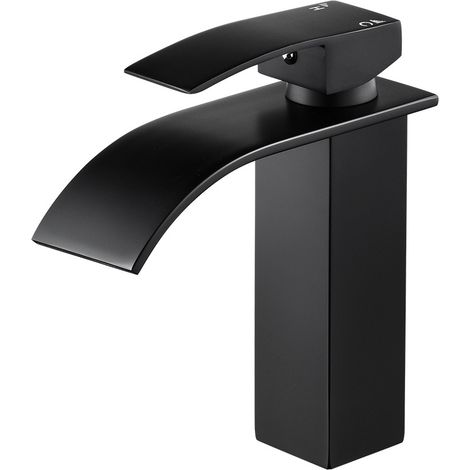 Moderne Robinet Lavabo Noir Cascade, Mitigeur Lavabo Salle de Bain en Laiton Design Elégant, Robinet Salle de Bain Noir avec Bec Hauteur (1/5)