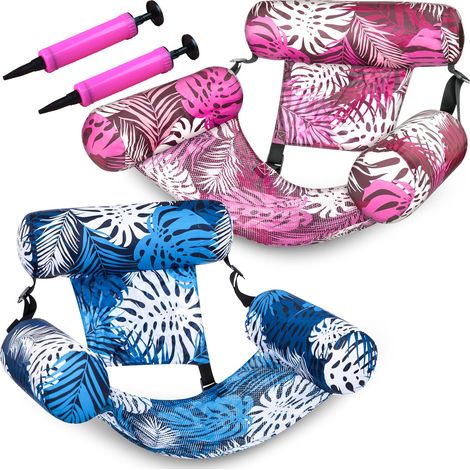 Lot de 2 Matelas Gonflable Piscine, Flottantes Hamac Jouet pour Adulte avec Pompe Utilisation comme transat aquatique, idéal pour la détente à la piscine ou à la plage, Rose + Bleu (1/5)