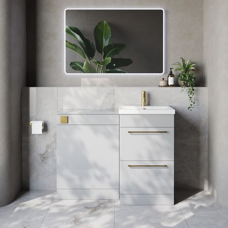 Napoli 390 Cento Gloss Grey Pearl 1100mm 2 Drawer Vanity Unit Toilet Suite with Glide Basin - 1100mm - Brushed Brass 320mm HandleWithout Kingston Toilet Pan