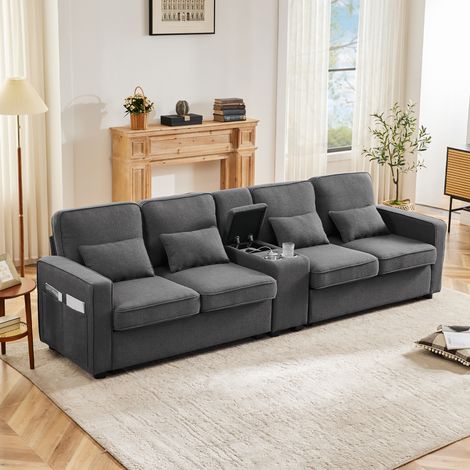Canapé 4 places avec console, porte-gobelets et USB, canapé salon en tissu aspect lin avec 4 coussins et rangements Gris foncé (1/5)
