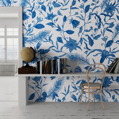 Papier Peint Floral - Fleurs Bleues Délicates - 150 x 250 cm (1/2)