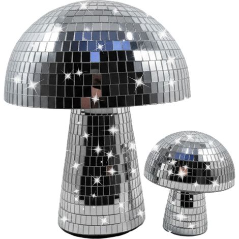 Relaxdays Disco Pilz 2er Set, Dekopilz aus Spiegelglas, 2 Größen, Glitzerpilz Partydeko, verspiegelte Discokugel, silber
