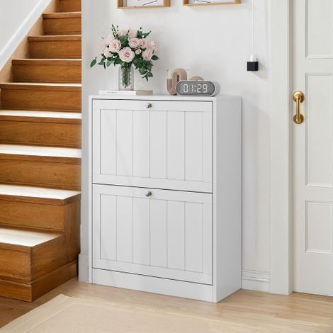 Armoire à chaussures blanche 60 cm, style milieu du siècle, avec 2 tiroirs relevables et escamotables, design discret idéal pour entrée ou hall d’entrée (1/5)
