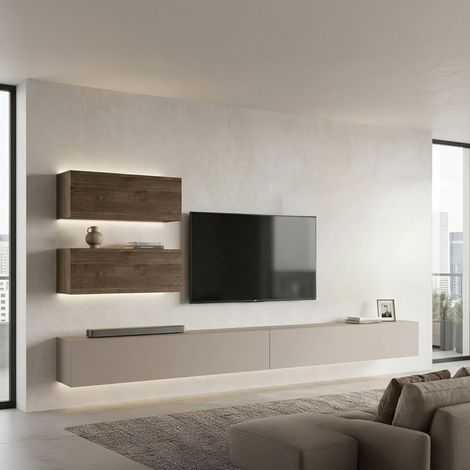 Wohnwand Suisio, Wohnzimmermöbel 4 Ablagen, Modulierbar, Klapptür, Beige (1/4)