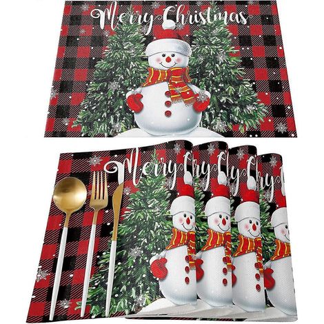 Weihnachtliche Schneemann-Tischsets für den Esstisch, 4er-Set, Fröhliche Weihnachten, Niedlicher Schneemann mit Weihnachtsbaum, Rot-Schwarz karierte Tischsets aus Baumwollleinen (1/5)
