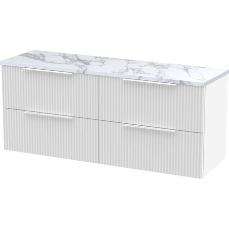 Tixall Fluted 4 Drawer Wall Hung Vanity Unit with Laminate Worktop, Satin White, 1200mm