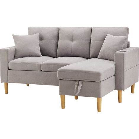 Sofá esquinero moderno en L de 3 plazas con chaise longue, arcón y portavasos (1/5)