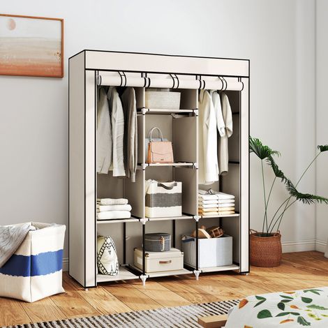 Kleiderschrank mit mehreren Stauräumen – 8 Regalböden, 2 Kleiderstangen – cremefarbener Vliesstoff