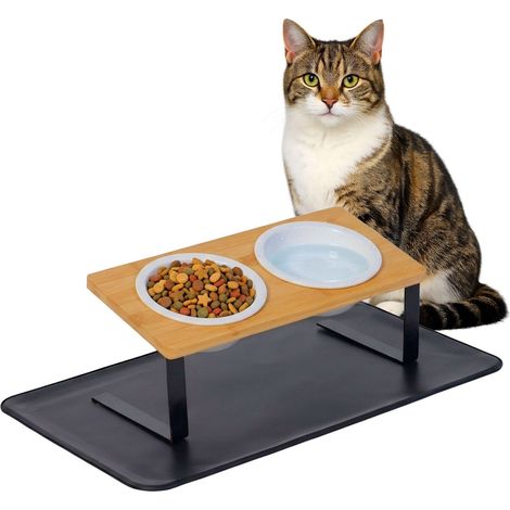 Raised Cat Bowl Set - Bamboo Stand, Ceramic Bowls, Mat (1/5)