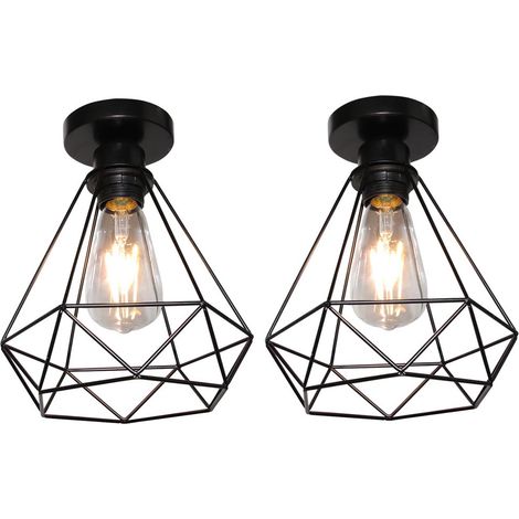 2PCS Plafonnier Rétro Lampe De Plafond Vintage Luminaire Plafonnier Cage En Métal Pour Couloir Escalier Chambre Cuisine 20CM (Noir)
