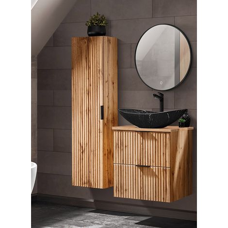 Badmöbel Set Wotaneiche mit Rillenoptik 60 cm Waschtisch-Unterschrank mit Keramik Waschbecken Hochschrank LED-Spiegel (1/5)