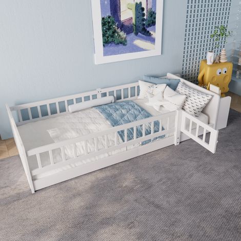 Lit en bois,lit pour enfants,90 x 200 cm,en bois de pin,rangement ouvert,étagères,logement ouvrible,sans matelas,blanc (1/5)
