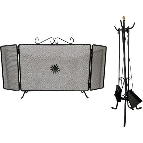 Set Camino in Ferro Battuto Nero con Parascintille 100x48cm e Kit Attrezzi 58cm (1/5)