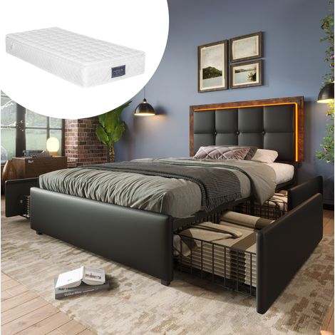 Lit avec tiroirs 90x200 cm avec LED, tête de lit réglable et rangement, sommier tapissé en cuir régénéré noir pour chambre moderne  CHICFURN (1/5)