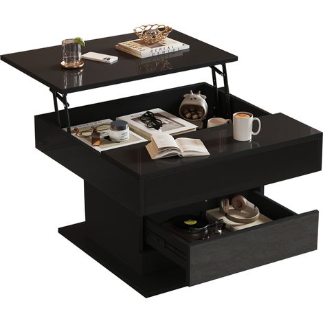 Table basse géométrique 70x70x45 cm, plateau supérieur rotatif à 360°, table relevable avec 1 tiroir, table de salon brillante avec rangement caché, table canapé, noir