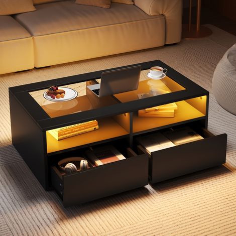 DESMIU Table basse avec 2 tiroirs, 2 niches ouvertes, LED et port USB, pour salon, verre et panneau, noir, 100 × 50 × 35 cm (1/5)