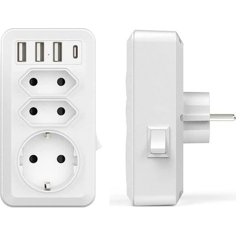 USB Socket, 7-in-1 Multiple Socket with 3 USB and 1 Type-C Port, 3-Way Power Strip Socket Adapter with USB Charger (2 Euro Sockets and 1 Schuko Socket) for Phone, Computer (1/5)