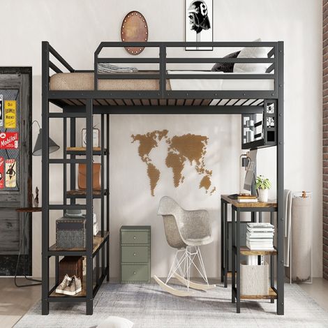 Hochbett 120x200 mit integriertem Schreibtisch und Ablagefläche, stabiles Metallbett Schwarz, Loftbett inkl. Lattenrost und Leiter (1/5)