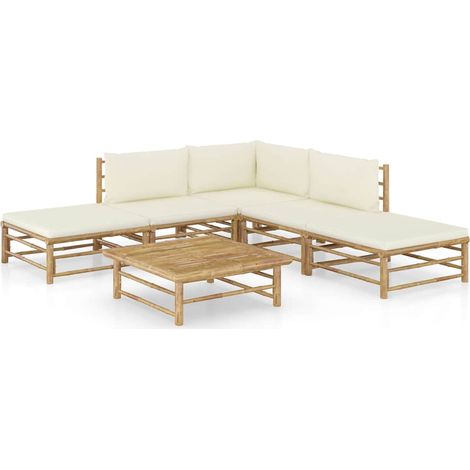 Salon de jardin 6 pcs Ensemble Table et Chaise de Jardin - avec coussins blanc crème Bambou BV380111 - BonneVie (1/5)