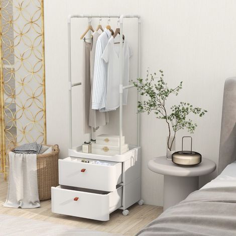 Armoire penderie blanche en métal avec tringle, étagères réglables, 2 tiroirs et 4 roulettes pour chambre, entrée et dressing (1/5)