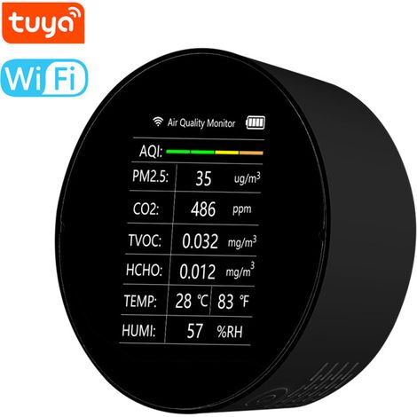 Irovami Détecteur de qualité de l'air multifonction Tuya WiFi 7 en 1 : PM25, TVOC, CO2, HCHO, température, humidité, IQA Moniteur de qualité de l'air intérieur pour la maison, le bureau, la voiture (1/5)
