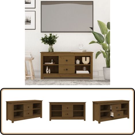 Meuble TV Marron miel 103x36,5x52 cm Bois de pin massif - Meuble Tv - Meuble Téléviseur - Meuble Salon - Rangement Tv - Support Tv (1/5)