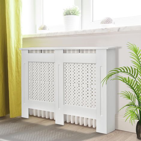 Cache-radiateur HOMCOM, 111,5 x 19 x 82 cm, cache-radiateur moderne en MDF avec étagère supérieure et lattes, pour salon, chambre, couloir, blanc