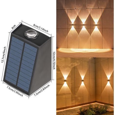 Aplique solar de pared impermeable con iluminación bidireccional hacia arriba/abajo, 2 LED de luz blanca cálida, forma trapezoidal (negro). (1/5)