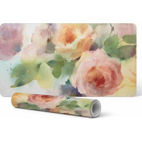 Alfombrilla protectora para escritorio, teclado y rat贸n con estampado de flores en acuarela, 120x60 cm.