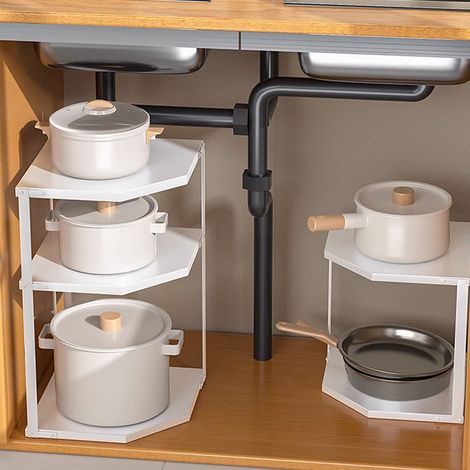 Étagère d'angle de cuisine compacte en forme d'éventail, gain de place, stable, en acier au carbone, support pour casseroles et poêles, 3 niveaux, blanc, 27 x 27 x 45,5 cm (1/5)