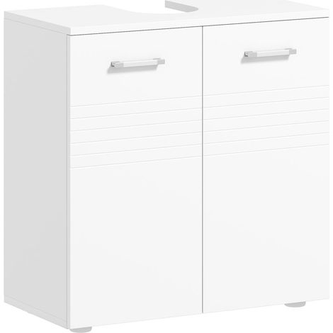 Pose Facile sous Siphon Meuble Sous Lavabo 2 Portes Rangement Salle de Bain en Bois avec Étagère Réglable Blanc Brillant (1/5)