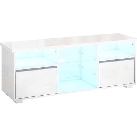 Meuble TV 120 cm, support télé pour écrans jusqu'à 55 pouces, éclairage LED avec télécommande, étagères en verre blanc (1/5)