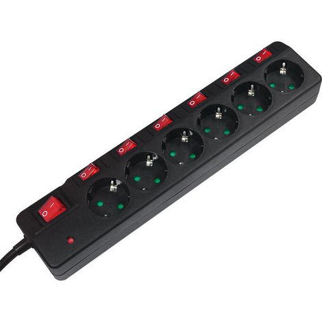 Regleta LogiLink con 6 enchufes, 1,5 m, 7 interruptores y protector contra sobretensiones (color negro). (1/3)