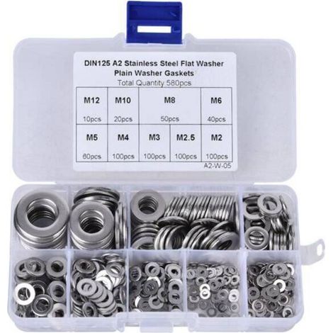 580 pièces rondelles plates en acier inoxydable 304 – M2-M12 pour joints d'étanchéité – Résistance à la corrosion – Kit varié (1/5)