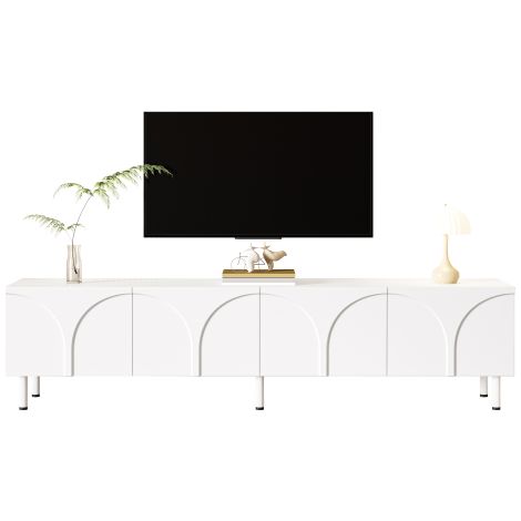 Meuble TV blanc à décor d'arche avec 3 placards de rangement dimensions 180×35×49 cm pieds métalliques support 60kg pour salon et espace de vie domestique (1/5)