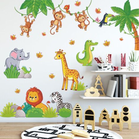 HOXILEELEO - Stickers muraux animaux de la jungle – Décoration murale chambre d'enfant – Stickers amovibles et imperméables 60 cm x 90 cm – Lot de 4 modèles (1/5)