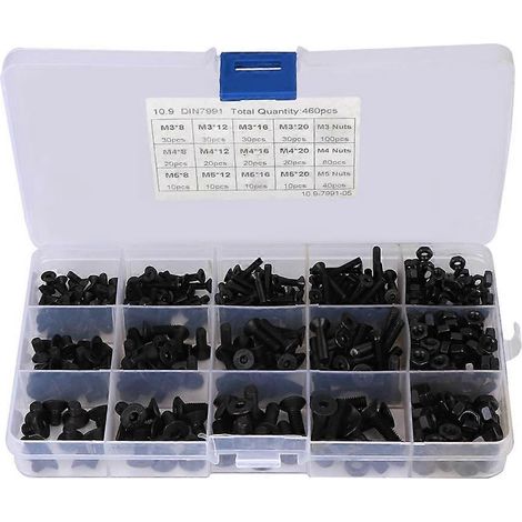 460-teiliges Sechskantschrauben-Set, schwarze Flachkopfmuttern, Kohlenstoffstahl, Kombinationsbox, M3, M4, M5