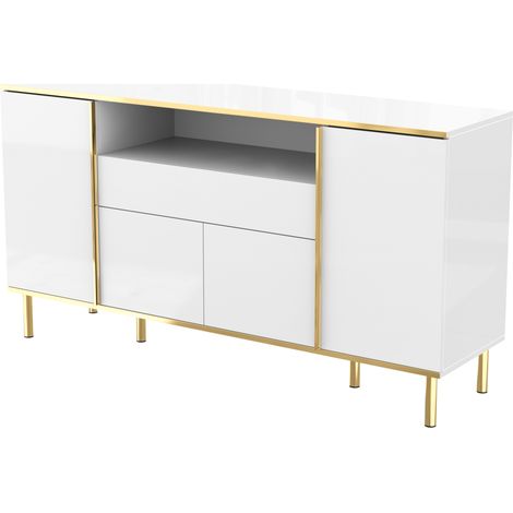 Aparador con 4 Puertas y 1 Cajón, LED, Brillo, Estilo Moderno, para Salón, en MDF, 150×40×80 cm, Blanco (1/5)
