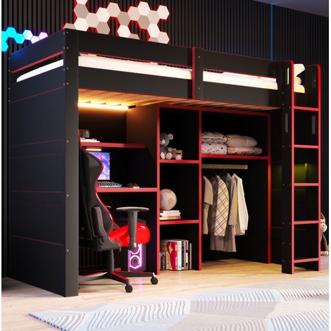 Gaming-Hochbett 90x200 cm aus MDF, Schwarz-Rot, Schreibtisch mit LED – MEUBLIV (1/5)