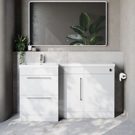 Napoli 390 Gloss White 1500mm 2 Drawer Vanity Unit Toilet Suite with Left Hand Square Lucia Basin - 1500mm - Chrome 320mm HandleWithout Kingston Toilet Pan