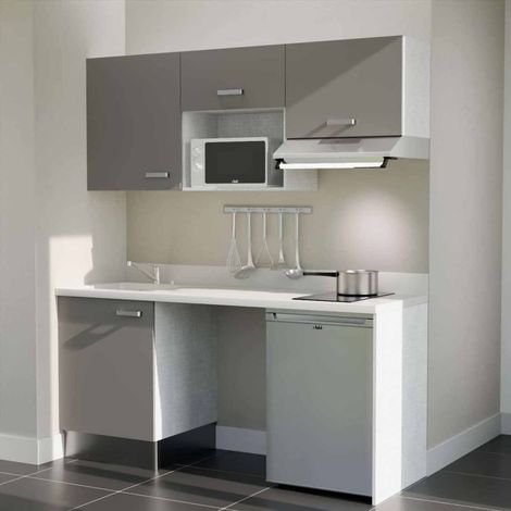 Kitchenette K55L - 180 cm - plan monobloc évier intégré Snova- évier à gauche - Façades Gris + Electroménager inclus coloris Inox