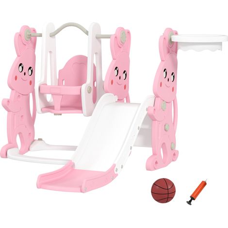 Ensemble de jeux 4 en 1 pour enfants avec toboggan, balançoire, panier de basket, 147,5 x 160 x 107 cm, rose