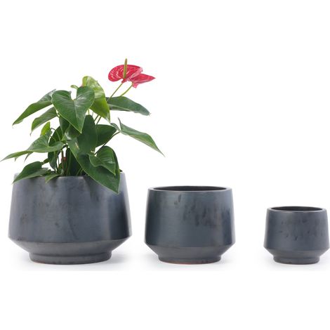 Lot de 3 pots de fleurs en céramique noir mat, 38/28/22 cm, faits main, résistants au gel, avec trou de drainage, forme conique décorative pour intérieur et extérieur CHICFURN (1/5)