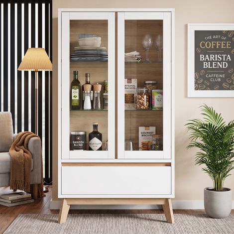 Aparador de cocina blanco y efecto madera, 80 x 40 x 150 cm, con estantes ajustables (1/5)