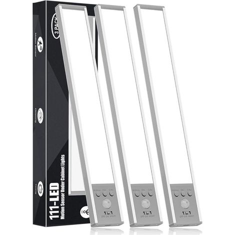 Lot de 3 éclairages sous meuble – Barre lumineuse rechargeable de 20 cm avec 52 LED et détecteur de mouvement – Lampe magnétique dimmable pour cuisine, placard et maison (Blanc) (1/5)