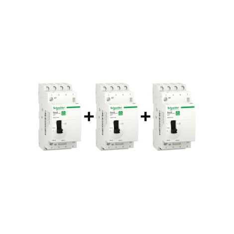 Schneider - Resi9 - LOT de 3 Contacteurs heures creuses - 4NO 25A - Avec commande manuelle - Ru00e9f. : R9PCTH4x3 (1/3)