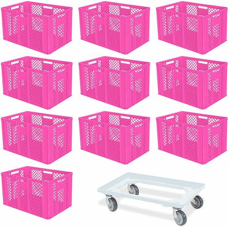 BRB Lot de 10 récipients empilables Euro Plus Chariot de transport 600 x 400 x 410 mm Qualité industrielle BRB Rose